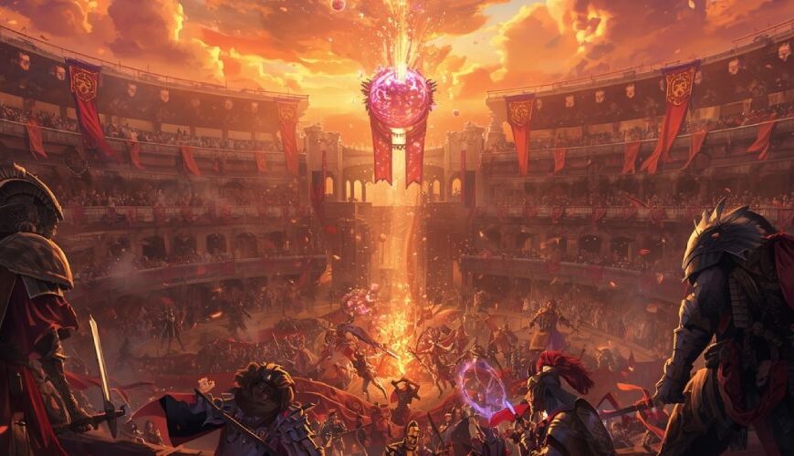 Episches Fantasy-Kolosseum im Sonnenuntergang, voller Banner, Kämpfer und Magie – Symbol für Fire Emblem: Fortune’s Weave.