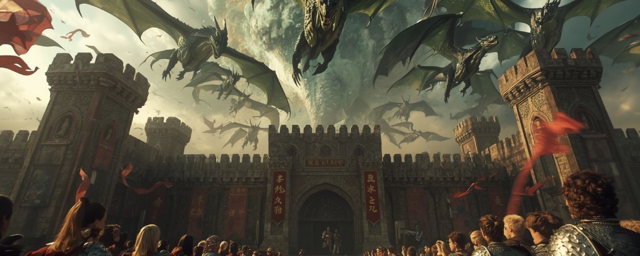 Hunderte Drachen erheben sich über einer Festung während eine Armee von Rekruten in Rüstung nach oben blickt in der Fourth Wing Saga