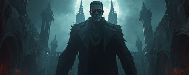Guillermo del Toros Frankenstein als düstere Illustration: Das Monster erhebt sich in einer gotischen Kathedrale, rot schimmerndes Licht deutet Netflix an.