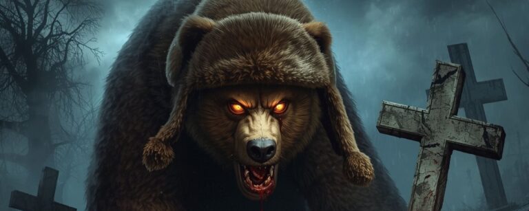 Untoter Bär mit Ushanka auf Friedhof: Während die Presse von Natur spricht, wissen wir längst – hier beginnt die wahre Nekro-Politik.