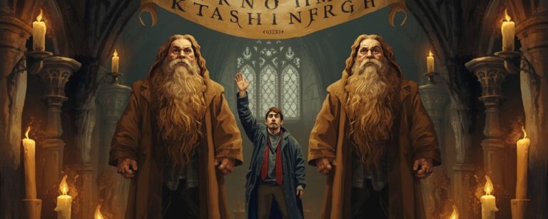 Satirisches Fantasy-Bild: Zwei identische Hagrids in Hogwarts-Gewand stehen nebeneinander, während ein Regisseur dazwischen entnervt die Hand hebt. Kerzen und gotische Halle verstärken das Déjà-vu.