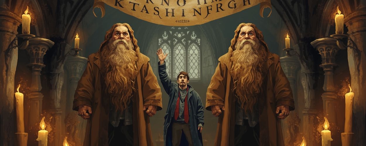 Satirisches Fantasy-Bild: Zwei identische Hagrids in Hogwarts-Gewand stehen nebeneinander, während ein Regisseur dazwischen entnervt die Hand hebt. Kerzen und gotische Halle verstärken das Déjà-vu.
