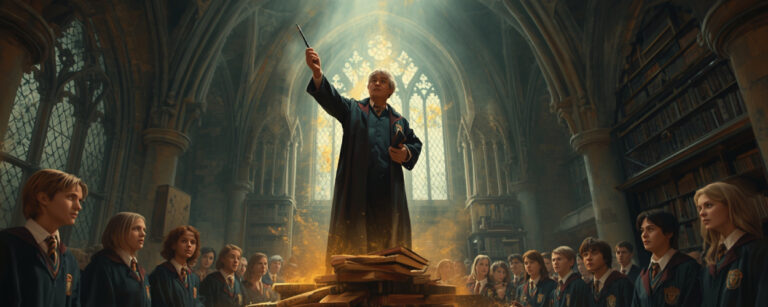 Professor Flitwick steht auf einem Thron aus Zauberbüchern und schwingt den Zauberstab – Symbol für Nostalgie in HBOs Harry-Potter-Reboot.