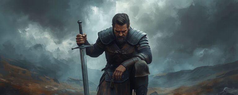 Henry Cavill als Highlander-Krieger, kniend im nebligen Hochland mit Schwert – Symbol für verletzungsbedingten Drehstopp.