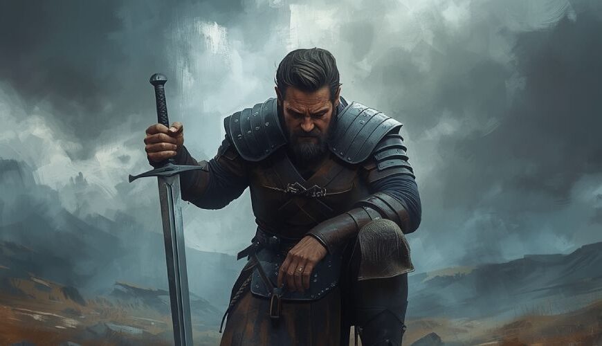 Henry Cavill als Highlander-Krieger, kniend im nebligen Hochland mit Schwert – Symbol für verletzungsbedingten Drehstopp.