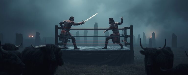 bsurde Szene: Henry Cavill im Highlander-Kostüm kämpft im Wrestling-Ring gegen Drew McIntyre mit Schwert und Clothesline gleichzeitig
