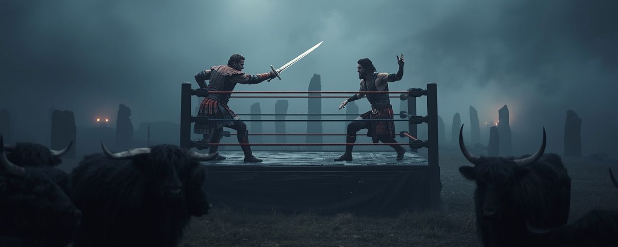 bsurde Szene: Henry Cavill im Highlander-Kostüm kämpft im Wrestling-Ring gegen Drew McIntyre mit Schwert und Clothesline gleichzeitig