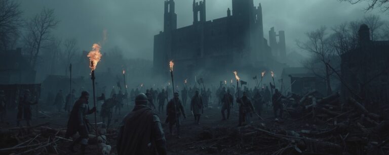 Bewaffnete Überlebende mit Fackeln vor einer verfallenen Festung – Dark-Fantasy-Szenerie für das Spiel „Hunger“.