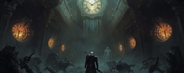 Ein Krieger mit Schwert steht in einer düsteren Halle voller Uhren und Schattenkreaturen in Last Epoch Orobyss auf der PS5