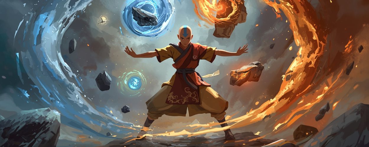 Aang bändigt Wasser, Erde, Feuer und Luft in epischer Magic-Optik – Avatar trifft Sammelkartenwelt.