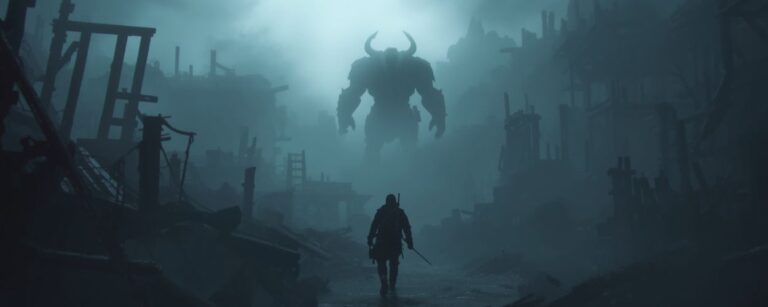 Ein einsamer Jäger wandert durch dichten Nebel auf ein verfallenes Lager zu, während in der Dunkelheit die Silhouette eines gewaltigen Bosses auftaucht – Symbol-Szene für Mistfall Hunter BETA 3.