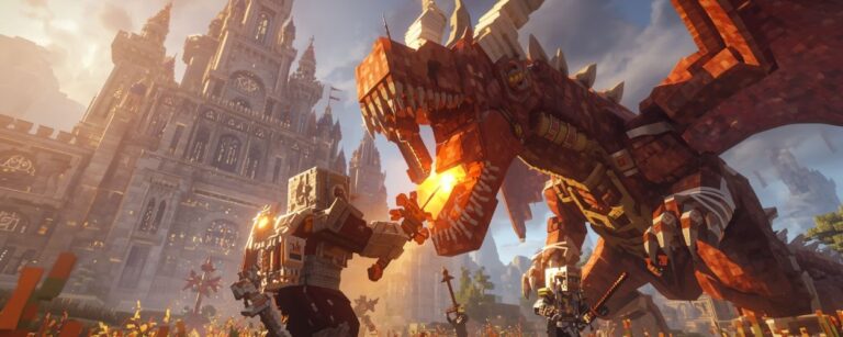 Minecraft Szene mit einem gigantischen roten Drachen, der vor einer gewaltigen Burg gegen schwer gerüstete Spieler kämpft. Symbolbild für den Fantasy Server Mythrodite.