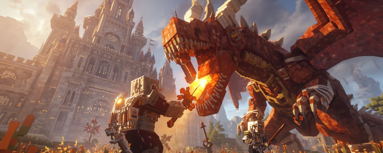 Minecraft Szene mit einem gigantischen roten Drachen, der vor einer gewaltigen Burg gegen schwer gerüstete Spieler kämpft. Symbolbild für den Fantasy Server Mythrodite.