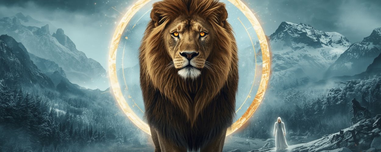 Aslan steht vor einem leuchtenden Portal während sich die Welt von Narnia mit Bergen und Wäldern öffnet im Netflix Film Das Wunder von Narnia
