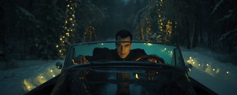 Zachary Quinto als Charlie Manx fährt in einem schwarzen Cabrio durch eine verschneite Allee mit Weihnachtslichtern in der Netflix Serie NOS4A2