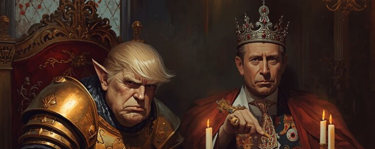 Orkhäuptling Trump in goldener Rüstung neben König Charles als Artus an einer prunkvollen Festtafel, düsteres Fantasy-Bankett im Windsor-Stil.