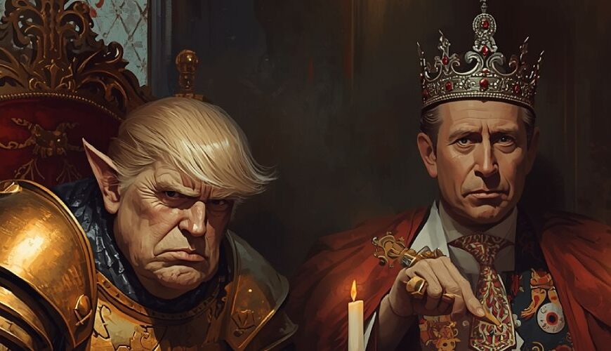Orkhäuptling Trump in goldener Rüstung neben König Charles als Artus an einer prunkvollen Festtafel, düsteres Fantasy-Bankett im Windsor-Stil.