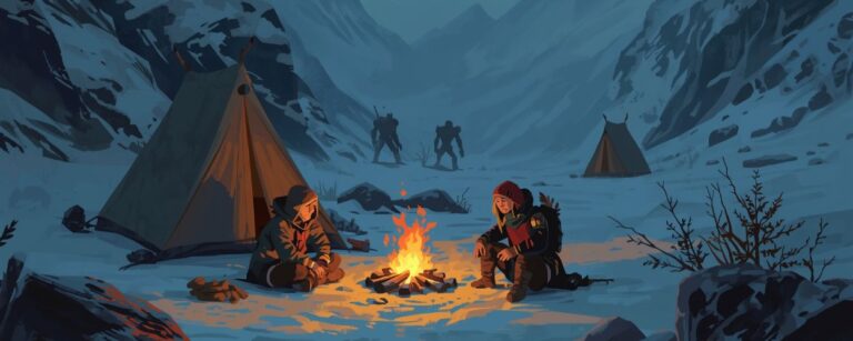Zwei erschöpfte Abenteurer sitzen am Lagerfeuer vor Zelten im Schneesturm während Schattenkreaturen in der Ferne lauern in Outward 2