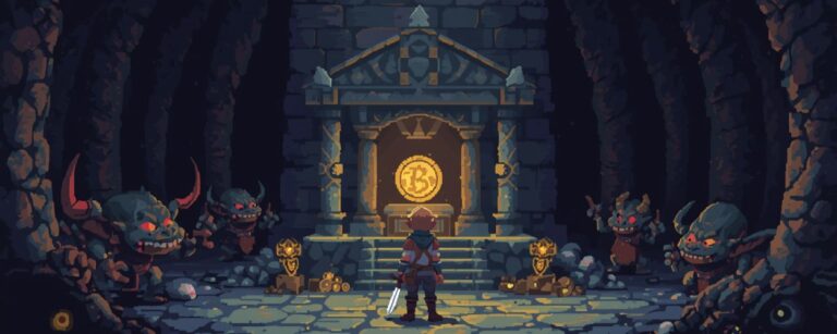 Pixelheld mit Schwert steht vor einem leuchtenden Münzschrein in dunkler Fantasy-Dungeon-Atmosphäre – Symbol für Pale Coins.