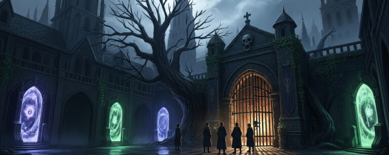 Eine dunkle Akademie mit leuchtenden Portalen und fünf Gestalten vor einem Tor – Symbol für die Demo von „The Quintessential Princesses“.