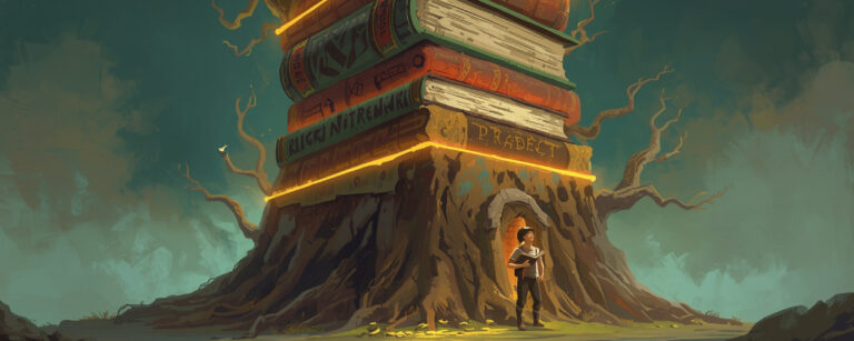 Ein riesiger Turm aus übergroßen Fantasy-Büchern wächst aus Baumwurzeln empor, davor steht eine kleine Figur und blickt skeptisch nach oben.