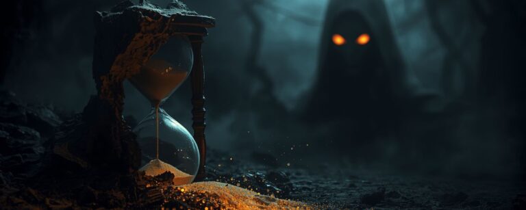Dunkles Traumland-Motiv mit zerfallender Sanduhr und Schattenfigur – Symbolbild für das Ende der Netflix-Serie Sandman.