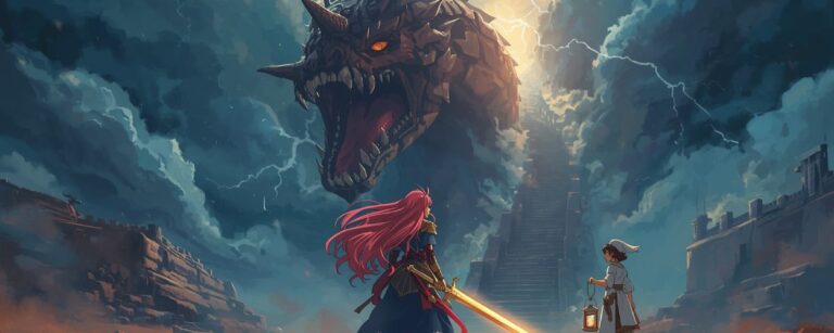 Anime-Fantasy-Illustration: Kriegerprinzessin Scarlet mit flammendem Schwert stellt sich einem gigantischen Blitzdrachen – an ihrer Seite ein moderner Krankenpfleger mit Laterne.