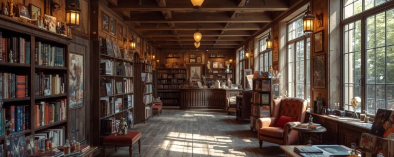 Gemütlicher Fantasy-Buchladen in Hamburg mit Regalen voller Fantasy- und Science-Fiction-Bücher, Sesseln und Holzinterieur.