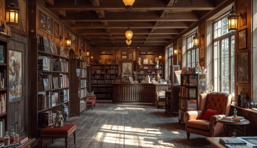 Gemütlicher Fantasy-Buchladen in Hamburg mit Regalen voller Fantasy- und Science-Fiction-Bücher, Sesseln und Holzinterieur.