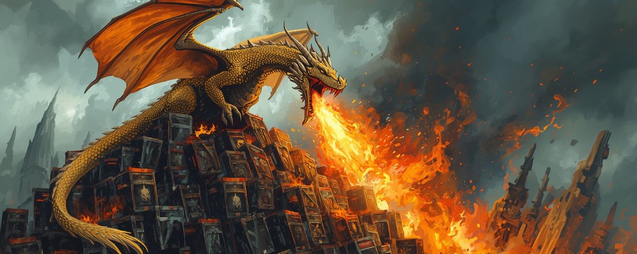 Ein goldener Drache thront auf einem Berg aus Skyrim Spieleboxen und spuckt Feuer über die Landschaft – Satire zur Überschätzung von Skyrim.