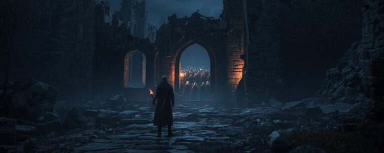 Ein einsamer Wanderer steht mit Fackel vor den Ruinen einer Burg, durch deren Tor eine gesichtslose, leuchtende Horde strömt.