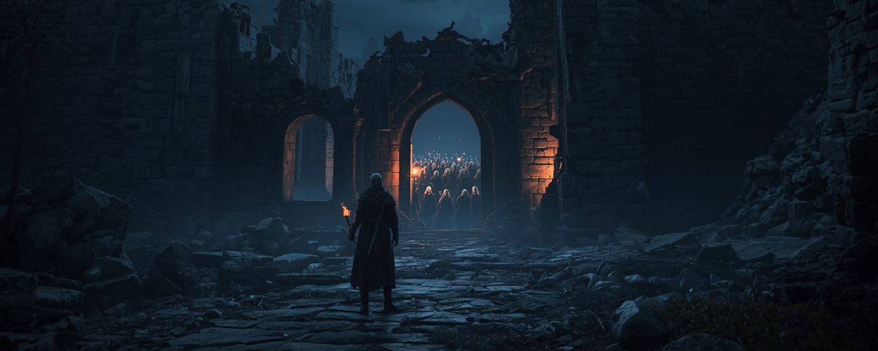 Ein einsamer Wanderer steht mit Fackel vor den Ruinen einer Burg, durch deren Tor eine gesichtslose, leuchtende Horde strömt.