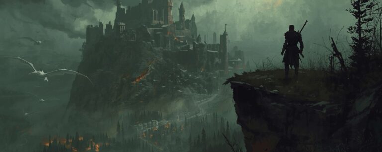 Ein einsamer Söldner mit Schwert blickt von einer Klippe auf eine düstere Festung in einer sturmverhangenen Fantasy-Landschaft.