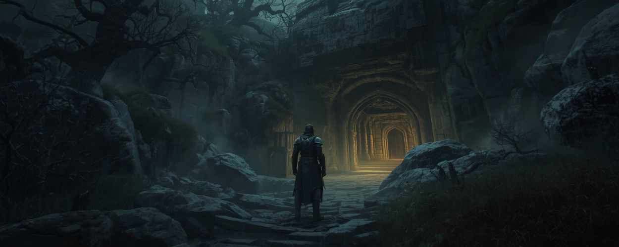 Ein Krieger in dunkler Rüstung steht vor dem Tor eines uralten Dungeons in Avalon, umgeben von kahlen Bäumen und Felswänden, schummrig beleuchtet.