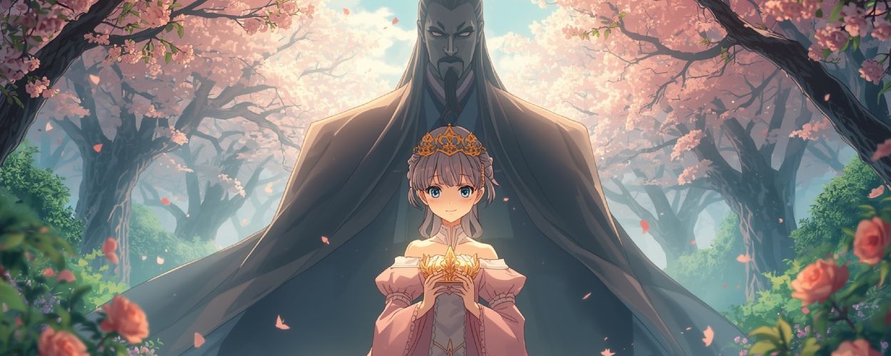 Eine junge Prinzessin in pastellfarbener Anime-Szene hält ein leuchtendes Krönchen, während hinter ihr der Schatten eines Kaisers aufragt – Symbol für The Fated Magical Princess.