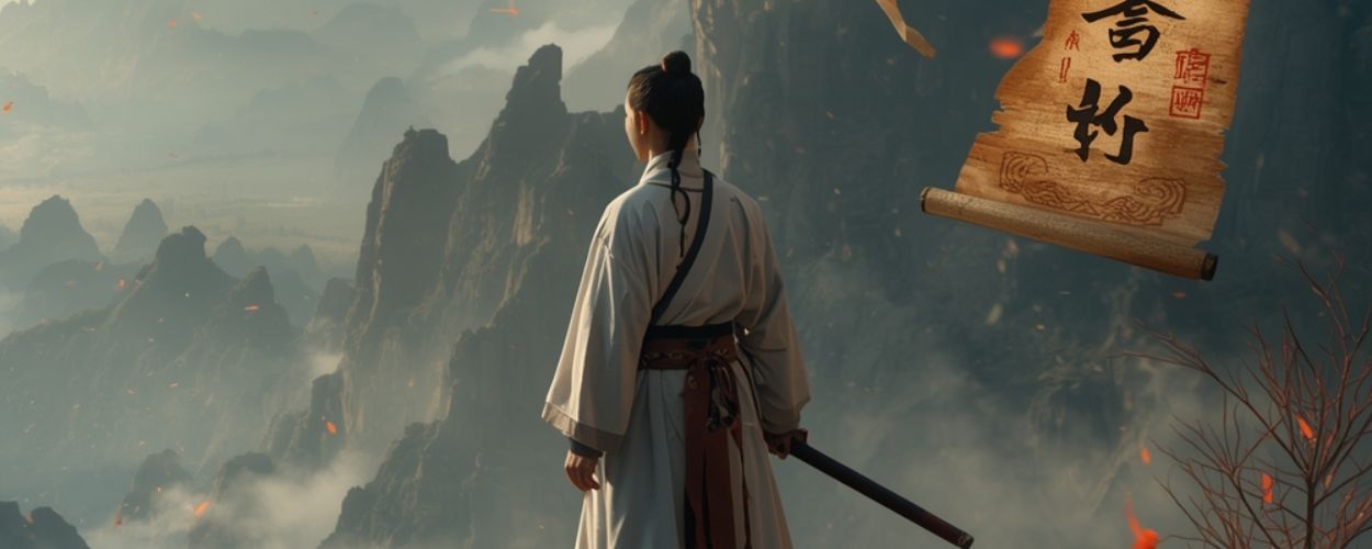 Wuxia-Szene mit Schwertkämpfer, roten Laternen und mystischer Bergkulisse, Symbol für The Journey of Legend bei Viki.