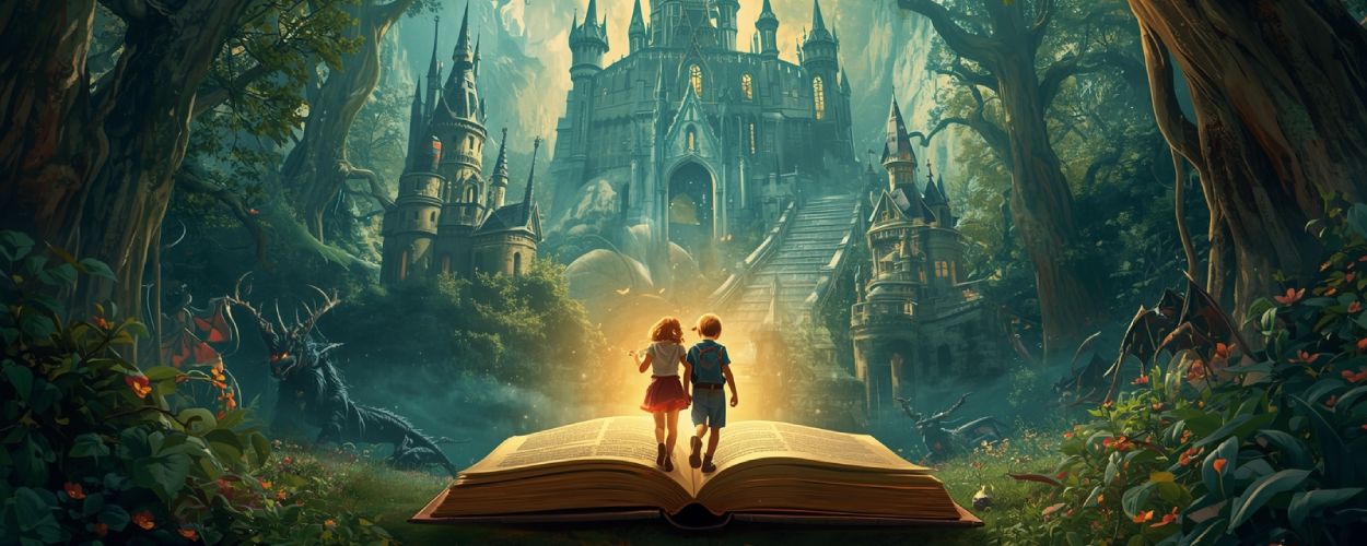 Zwei Kinder treten aus einem leuchtenden Märchenbuch in einen magischen Wald mit Schloss – Symbolbild zur Kino-Adaption von The Land of Stories.