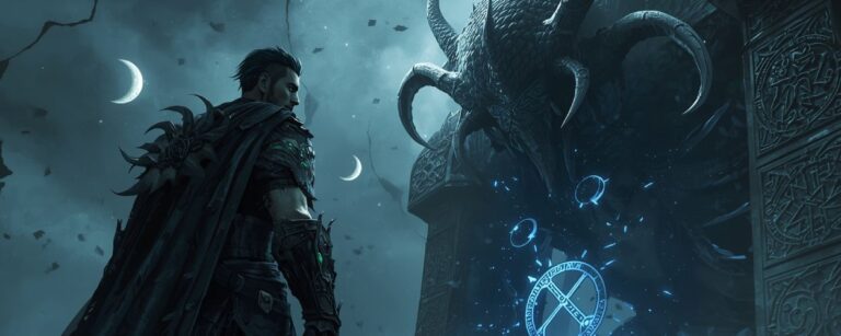 Ein Wächter steht mit Schwert vor einem monströsen Gegner während ein Relikt im Hintergrund leuchtet in The Relic First Guardian