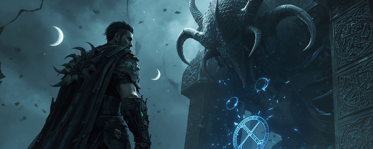 Ein Wächter steht mit Schwert vor einem monströsen Gegner während ein Relikt im Hintergrund leuchtet in The Relic First Guardian