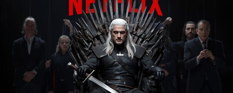 Ein Hexer-ähnlicher Krieger sitzt auf einem Thron aus Schwertern, im Hintergrund ziehen Netflix-Funktionäre an unsichtbaren Marionettenfäden – Symbol für Sandersons Kritik an The Witcher.