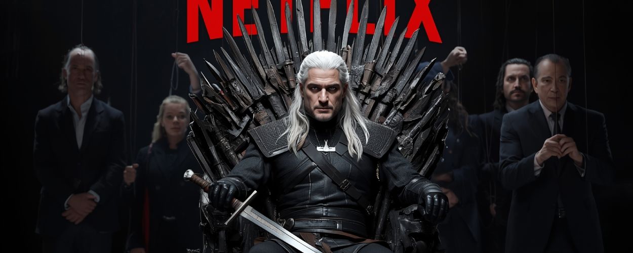Ein Hexer-ähnlicher Krieger sitzt auf einem Thron aus Schwertern, im Hintergrund ziehen Netflix-Funktionäre an unsichtbaren Marionettenfäden – Symbol für Sandersons Kritik an The Witcher.