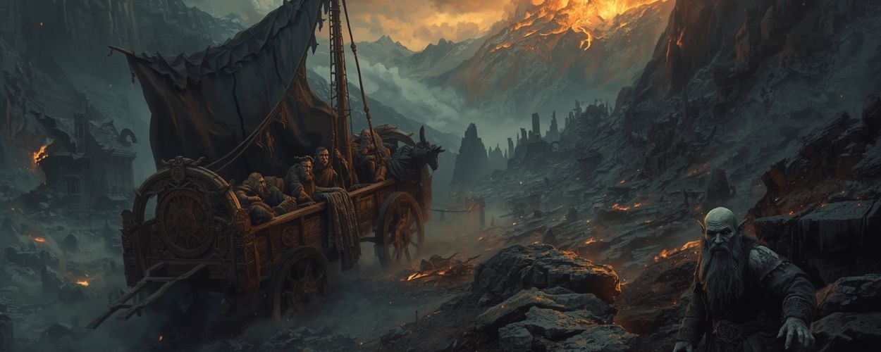 Eine Karawane voller Zwerge zieht durch ein vulkanisches Hochland, während am Horizont ein Berg in Flammen steht – Symbolbild für die Erweiterung Vagrus – At the Heart of Ruin.
