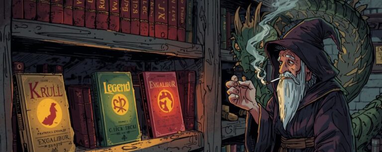 Satirische Illustration: Ein alter Zauberer mit Zigarette und ein gelangweilter Drache stehen vor einem VHS-Regal, in dem leuchtende Hüllen von Krull, Legend und Excalibur stehen.