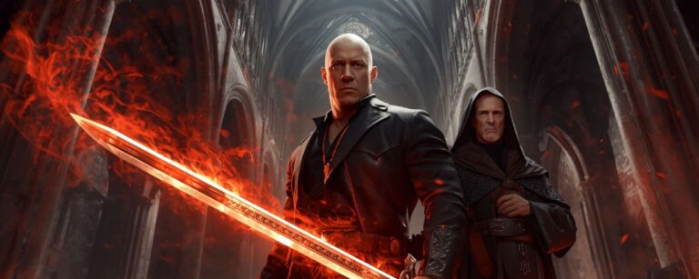 Vin Diesel als düsterer Hexenjäger mit flammendem Schwert, Michael Caine als Priester im Hintergrund einer gotischen Kathedrale.