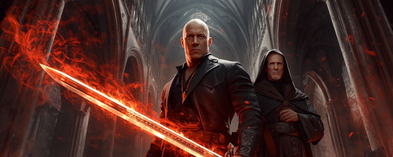 Vin Diesel als düsterer Hexenjäger mit flammendem Schwert, Michael Caine als Priester im Hintergrund einer gotischen Kathedrale.