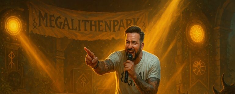 Satirische Fantasy-Illustration: Michael Wendler steht wie ein schillernder Barde auf einer überstrahlten Bühne im Megapark von Mallorca. Umgeben von goldenem Licht wirkt er wie ein kitschiger Held einer schrägen Legende – halb Troubadour, halb Endgegner des guten Geschmacks.