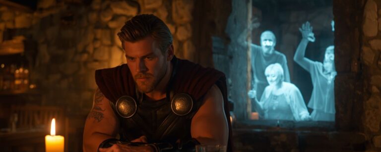 Liam Hemsworth als Witcher sitzt mit finsterem Blick in einer Taverne während geisterhafte Internet Memes draußen vorbeiziehen