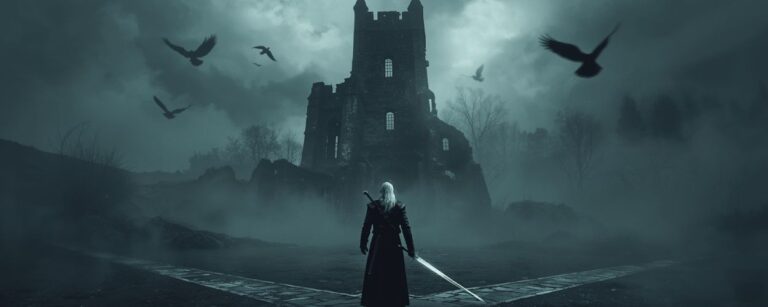 Ein Hexer mit gezücktem Schwert steht an einem nebligen Kreuzweg vor einer Burgruine, während Raben über ihm kreisen – Symbol für mögliche Roman-Einflüsse in The Witcher 4.