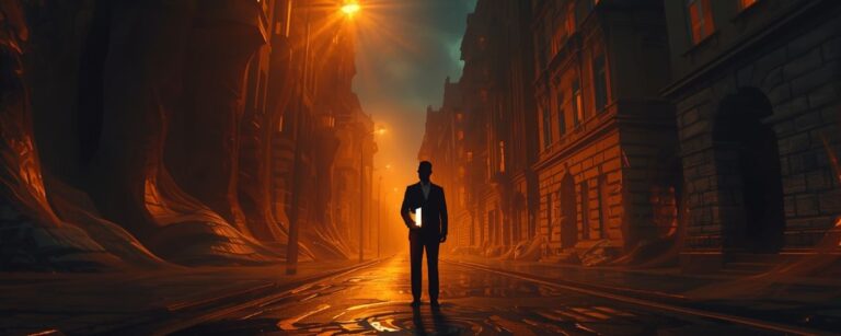 Eine nächtliche Stadtstraße flackert in orangenem Licht, Gebäude scheinen sich zu verformen, während eine einzelne Gestalt im Anzug im Zentrum steht – symbolische Darstellung des metaphysischen Stadtbilds.