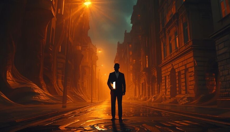 Eine nächtliche Stadtstraße flackert in orangenem Licht, Gebäude scheinen sich zu verformen, während eine einzelne Gestalt im Anzug im Zentrum steht – symbolische Darstellung des metaphysischen Stadtbilds.